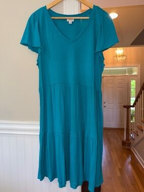 J. Crew Teal V-Neck Tiered Flutter Sleeve Midi Dress